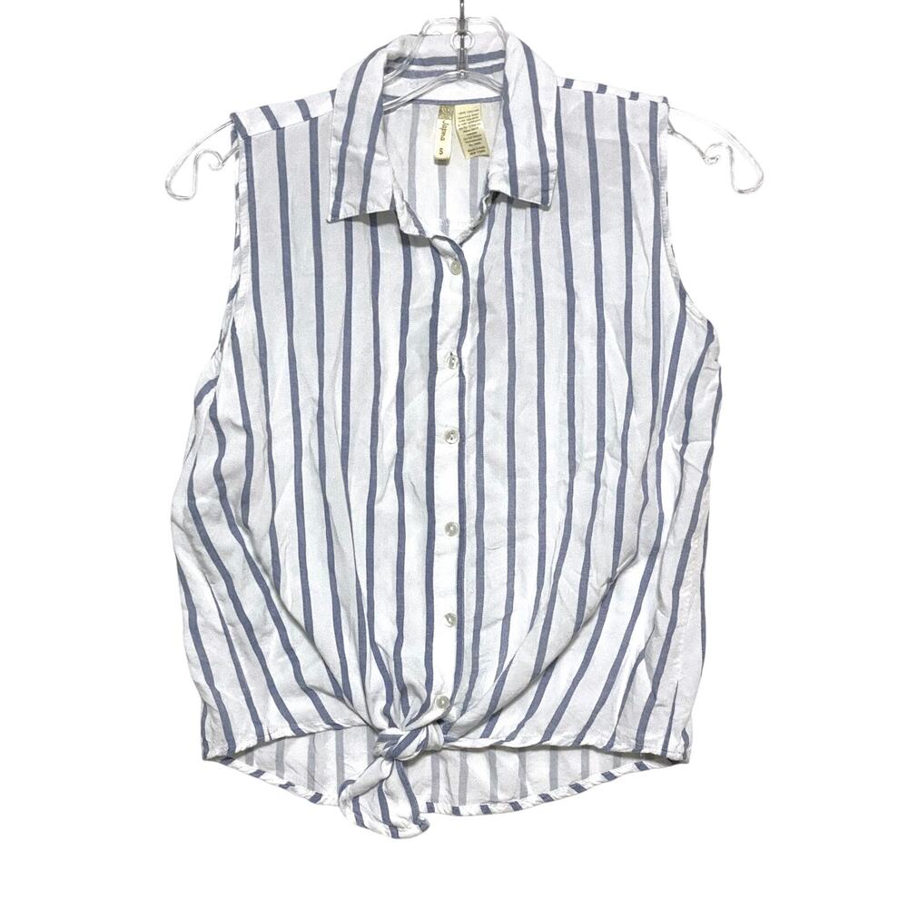Japna Button Sleeveless Tie Front Top S Blue White Striped Viscose Coastal Boho